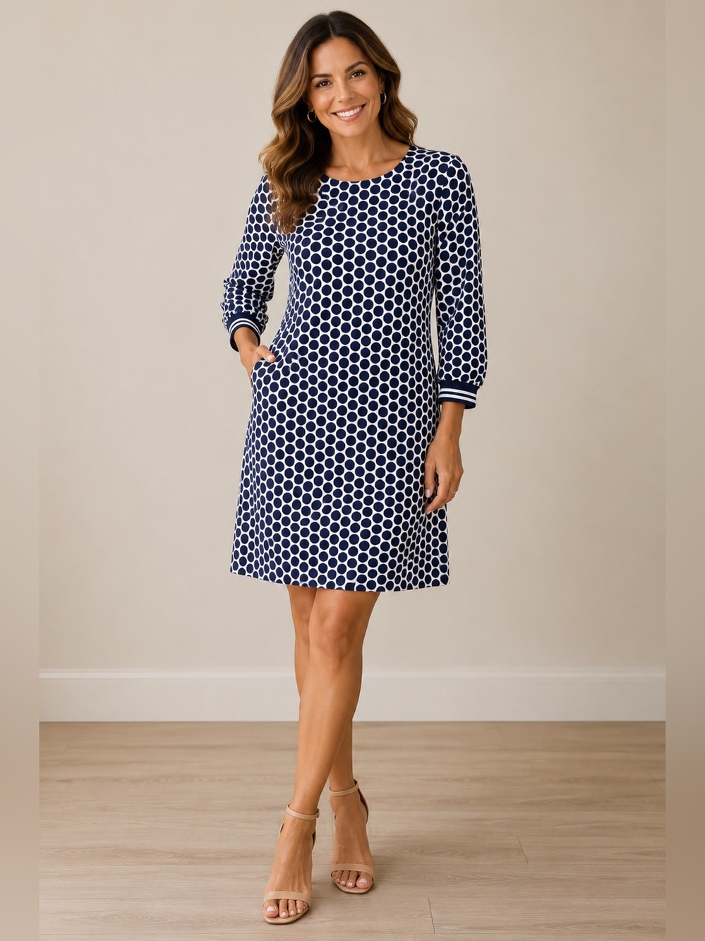 Tacera White and Blue Sheath Dress 3/4 Cuffed Sleeves Crew Neck